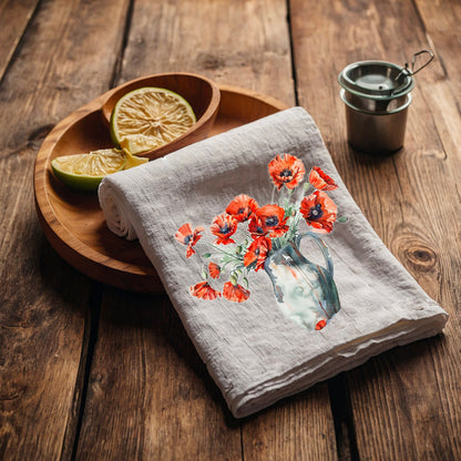 Poppy Tea Towel in linen, floral Hand Towels Tea, botanical Floral Dish Towel, red flower Floral Kitchen Décor Tea Towel