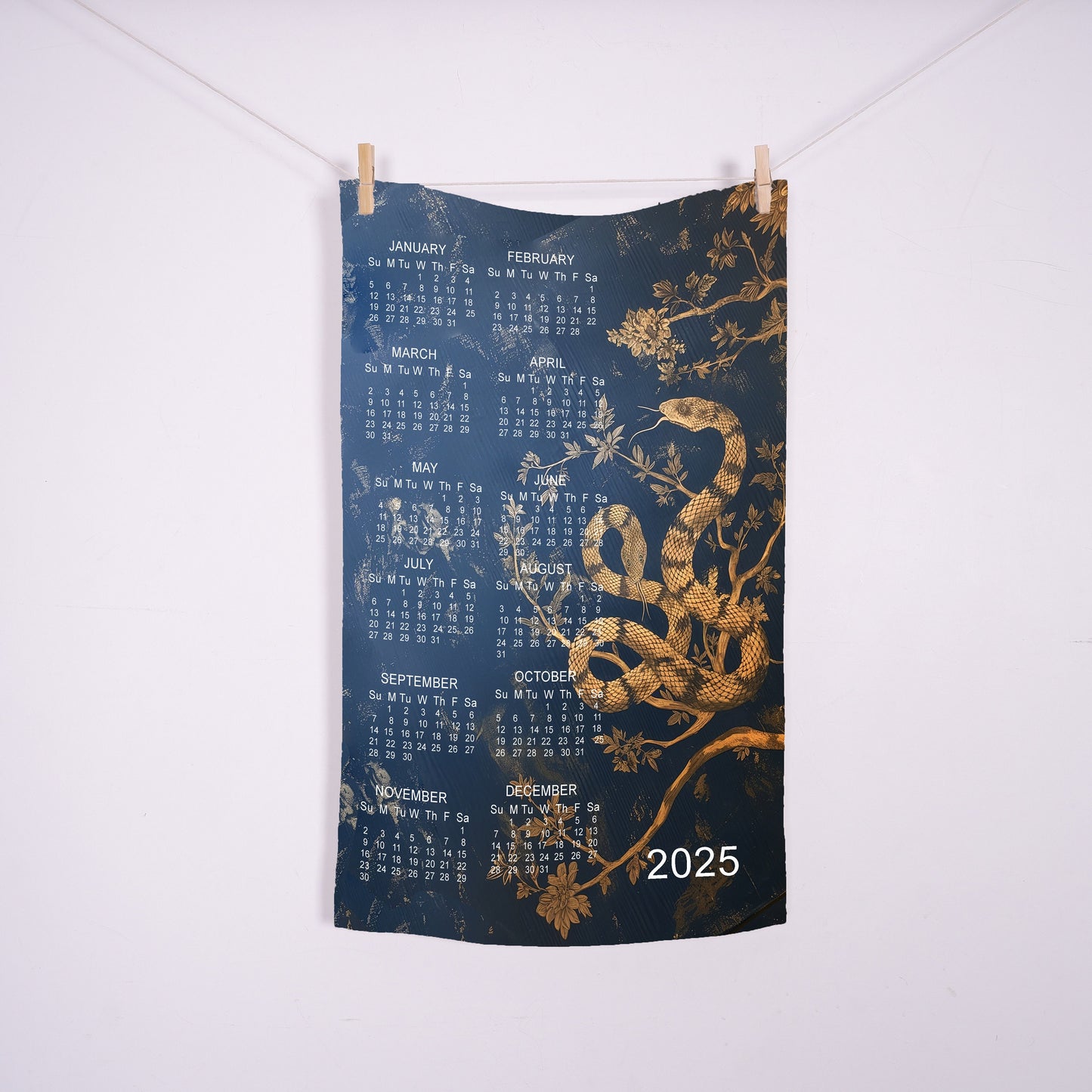 2025 Calendar Towel with year zodiac Snake in linen dark blue, linen tea towel with 2025 Calendar, linen guest towel 2025 Calendar