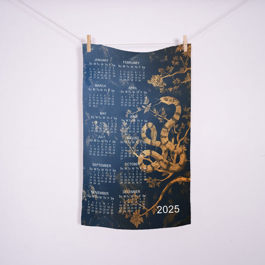 2025 Calendar Towel with year zodiac Snake in linen dark blue, linen tea towel with 2025 Calendar, linen guest towel 2025 Calendar