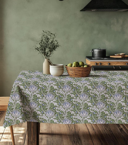 Linen foral tablecloth with ARTICHOKE -W william Morris green floral tablecloth - arts and crafts movement tablecloth Victorian style
