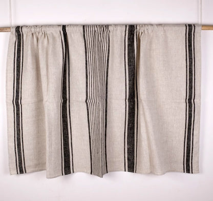 Curtains 100% Linen striped PREWASHED, window panel kitchen Living room farmhouse curtains. Grain Sack flax Bedroom indigo navy blue striped