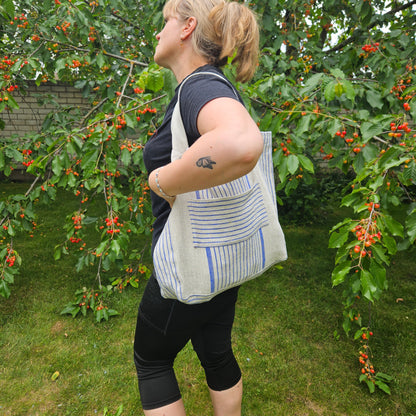 Linen tote bag - shopping bag - striped linen bag - shoulder bag - Organic French style linen beach bag, striped Linen beach summer bag