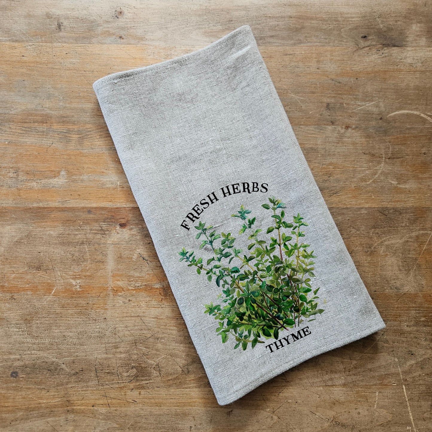 Thyme Floral Tea Towel in linen, Hand Towels Tea, Farmhouse Floral Dish Towel, greenery Floral Kitchen Décor, Floral Kitchen Tea Towel
