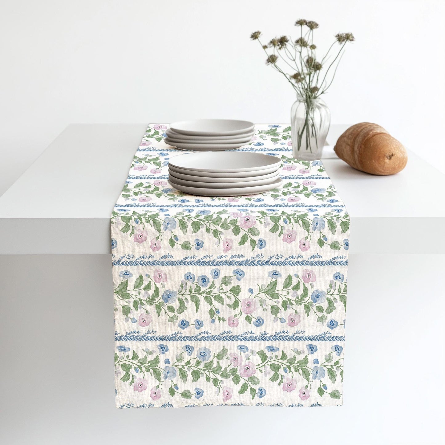 Floral stripe Linen runner - french block print linen hippie vibe - pink green blue Rustic linen Cottage farmhouse country style