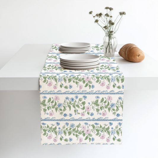 Floral stripe Linen runner - french block print linen hippie vibe - pink green blue Rustic linen Cottage farmhouse country style