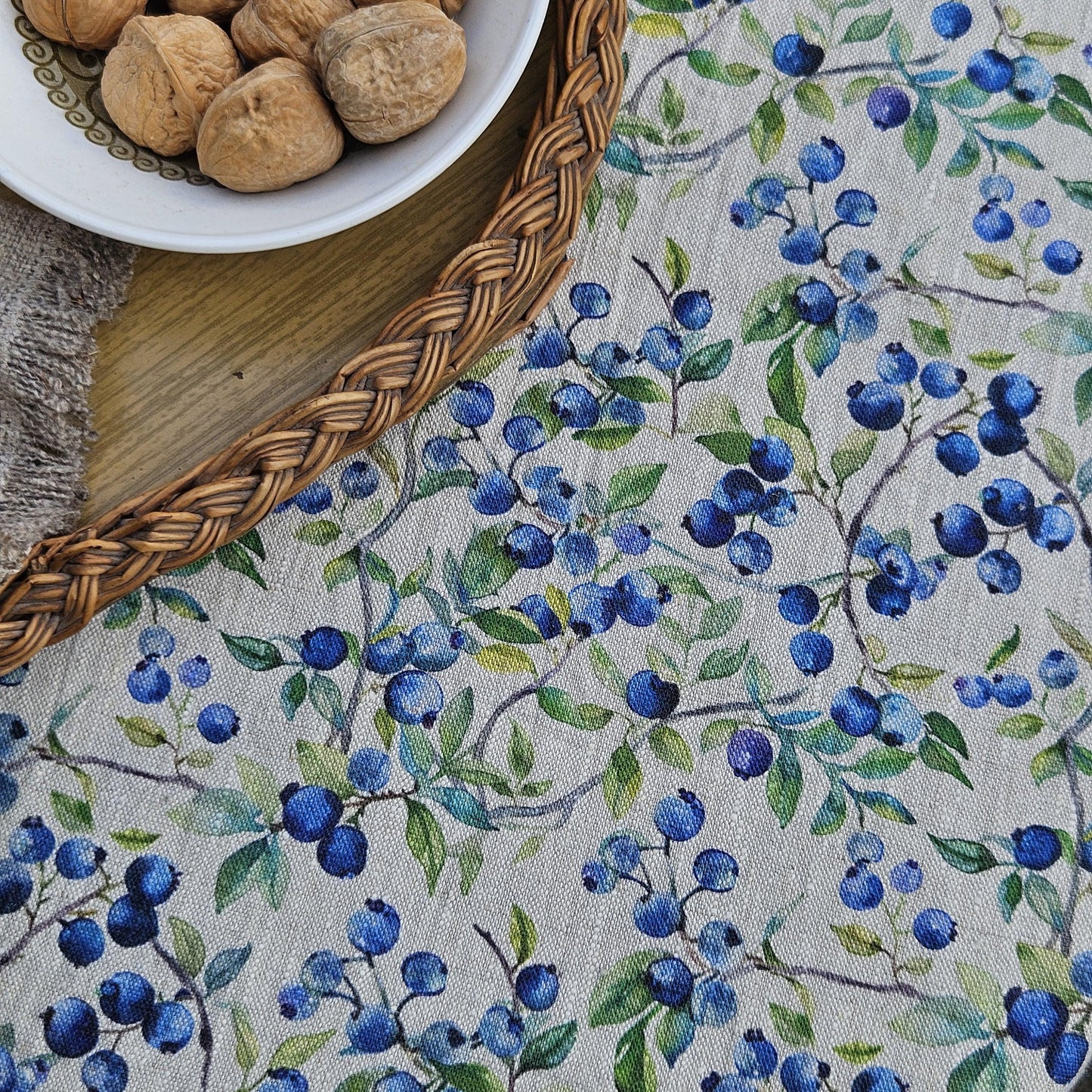 Linen foral tablecloth with blueberry print - floral tablecloth  arts and crafts movement tablecloth Victorian style