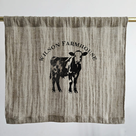 Natural grain sack Cafe Curtains farmhouse cow, French stamp burlap ranch shabby window panel, Living room Cafe Kitchen window curtains