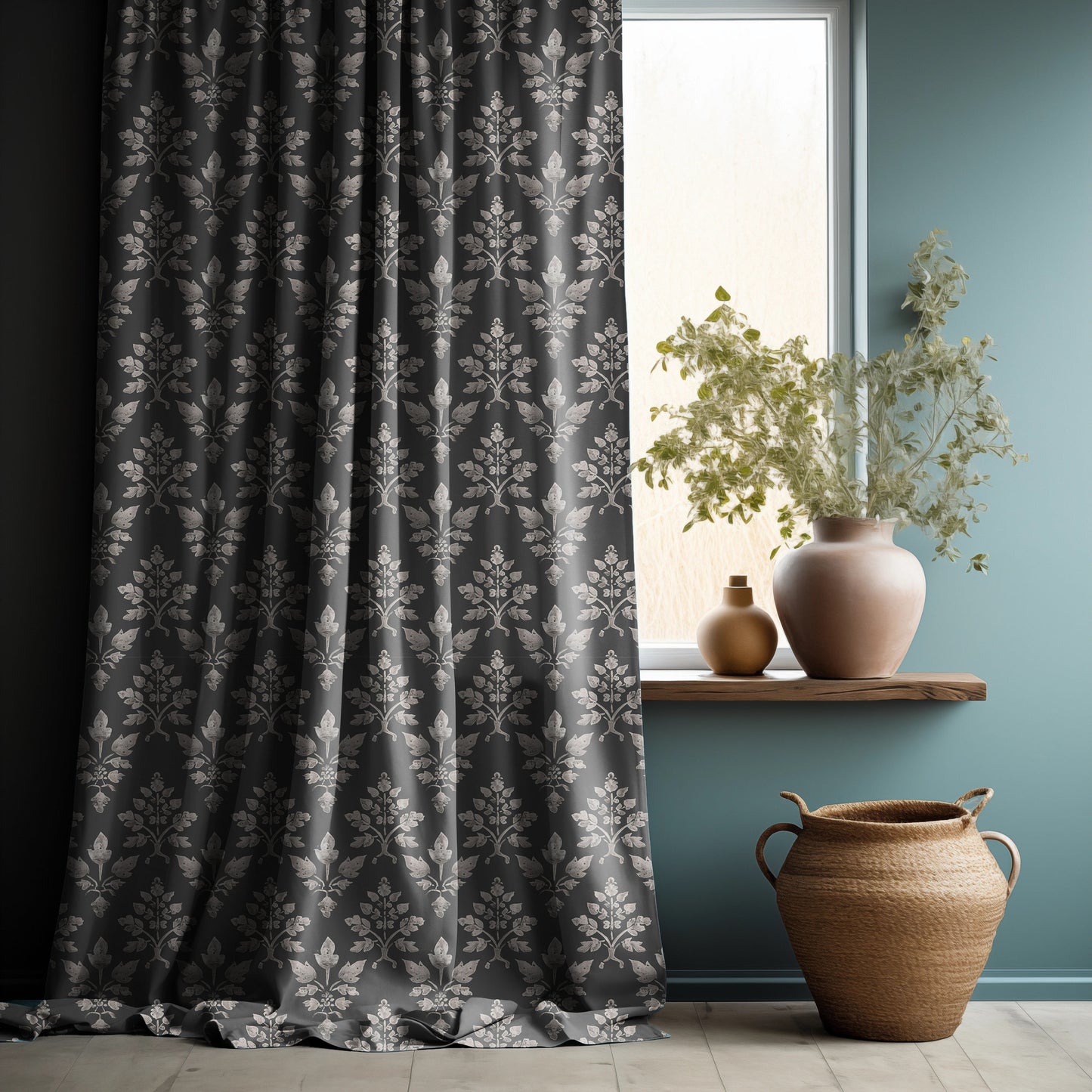 Designer gray Floral Linen curtains, grey neutral Boho curtain panel, Farmhouse Block printed curtains for living room botanical