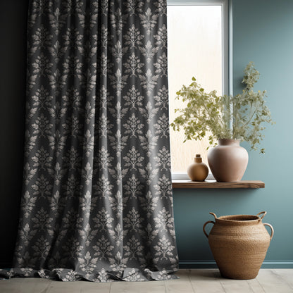 Designer gray Floral Linen curtains, grey neutral Boho curtain panel, Farmhouse Block printed curtains for living room botanical