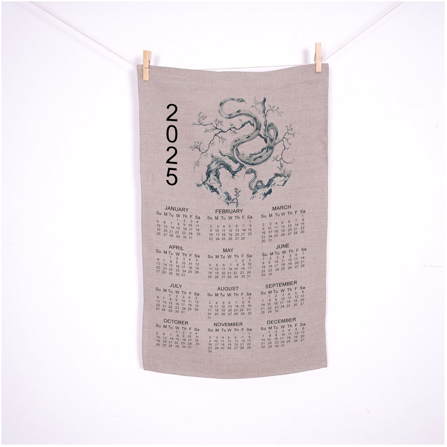 2025 Calendar Towel with year zodiac Snake in linen, linen tea towel with 2025 Calendar, linen guest towel 2025 Calendar