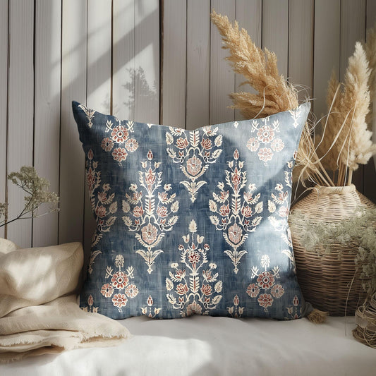 Modern indigo linen Pillow Cover indigo blue with block print, designer Boho Pillow on linen, Coutryhome printed pillow case