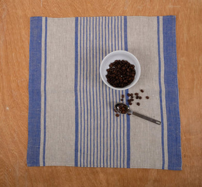 Linen napkins French linen. Natural - navy blue striped Cottage, coutry style linen. Set of linen napkins. Stonewashed. Linen cloth napkins.
