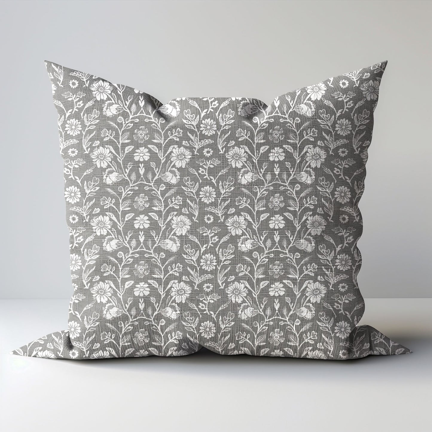 Modern grey linen Floral Pillow Cover, neutral Boho Pillow block print on linen, Coutrynome block printed pillow case in European flax