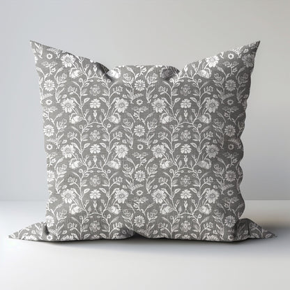 Modern grey linen Floral Pillow Cover, neutral Boho Pillow block print on linen, Coutrynome block printed pillow case in European flax