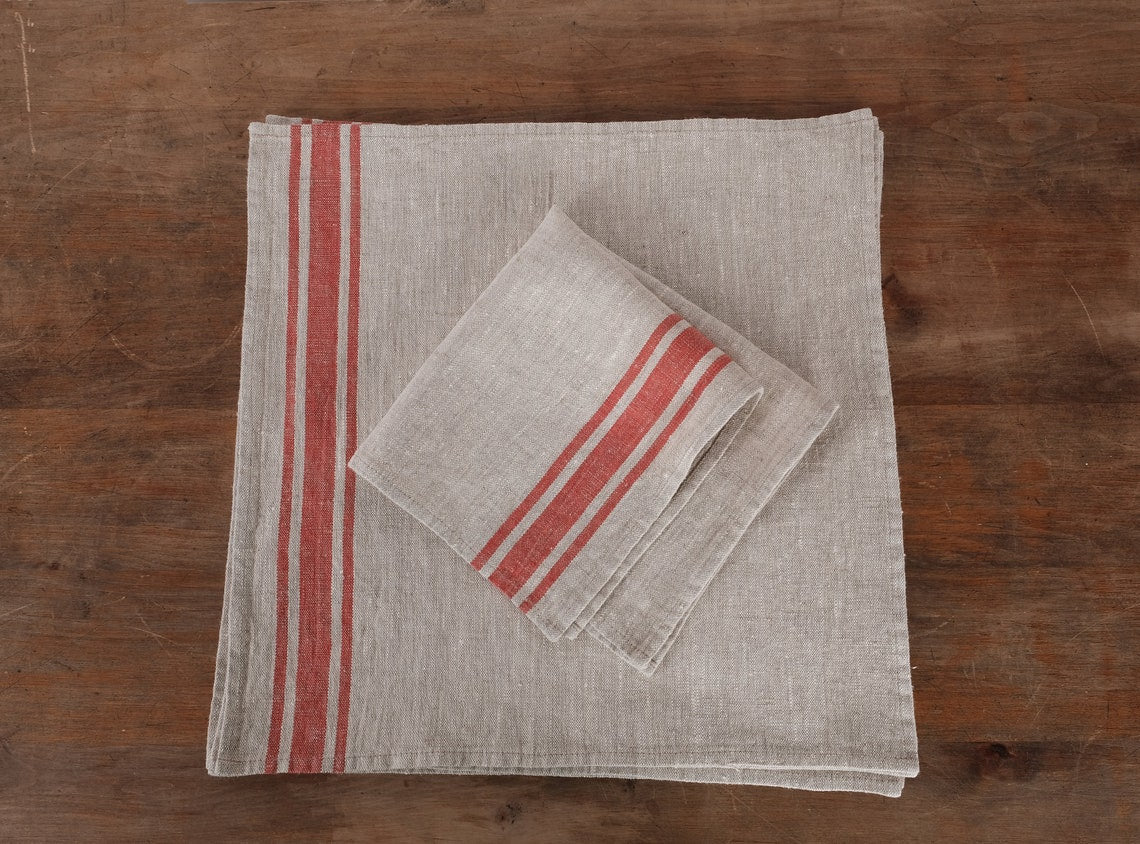 Linen napkins French linen. Natural - navy blue striped Cottage, coutry style linen. Set of linen napkins. Stonewashed. Linen cloth napkins.