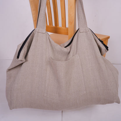 ZIPPER French style linen beach bag  - Oversized linen bag with zipper closure - linen beach bag with pockets  - large linen tote bag