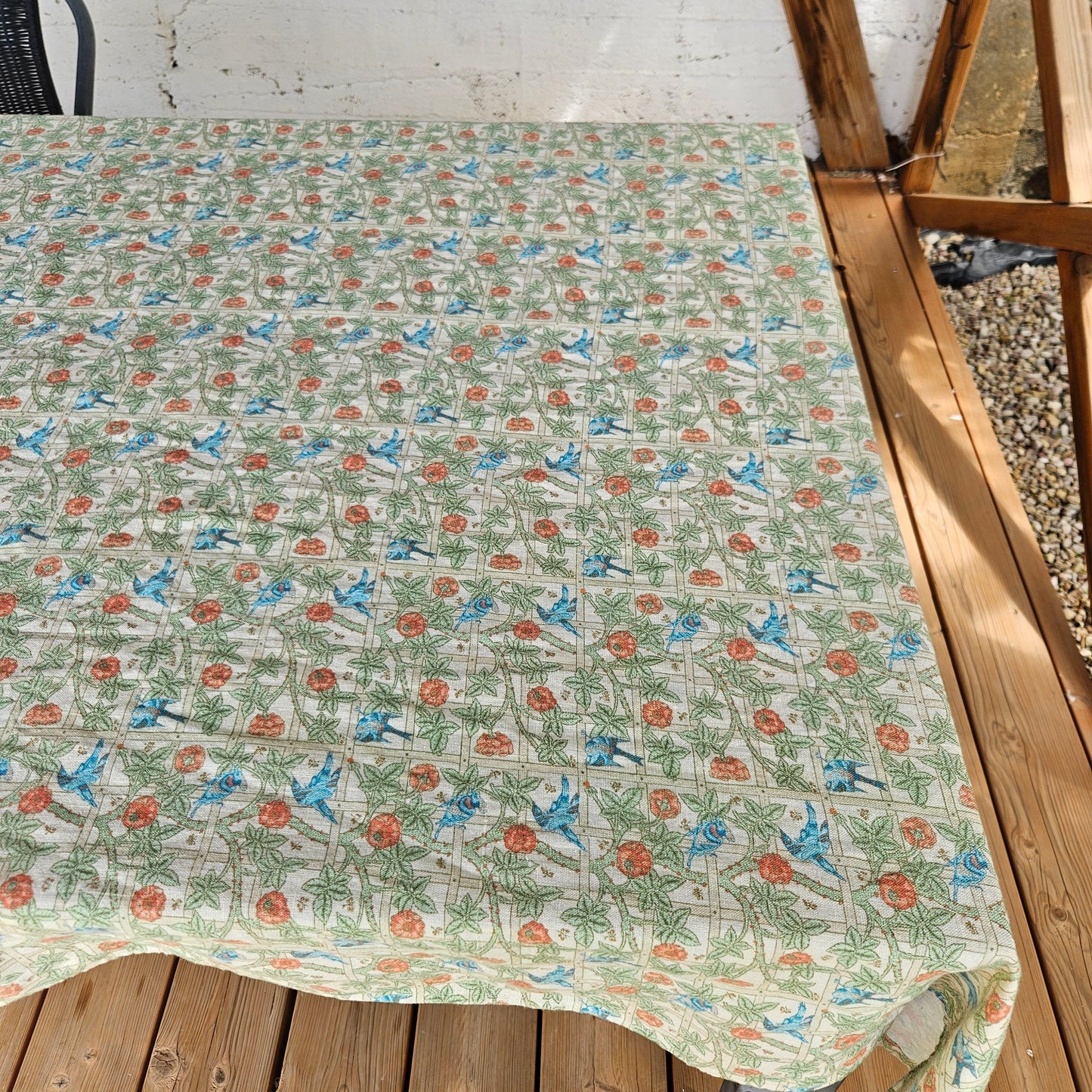 Linen floral tablecloth with birds, william Morris Trellis tablecloth with roses and birds, Victorian arts and crafts movement tablecloth