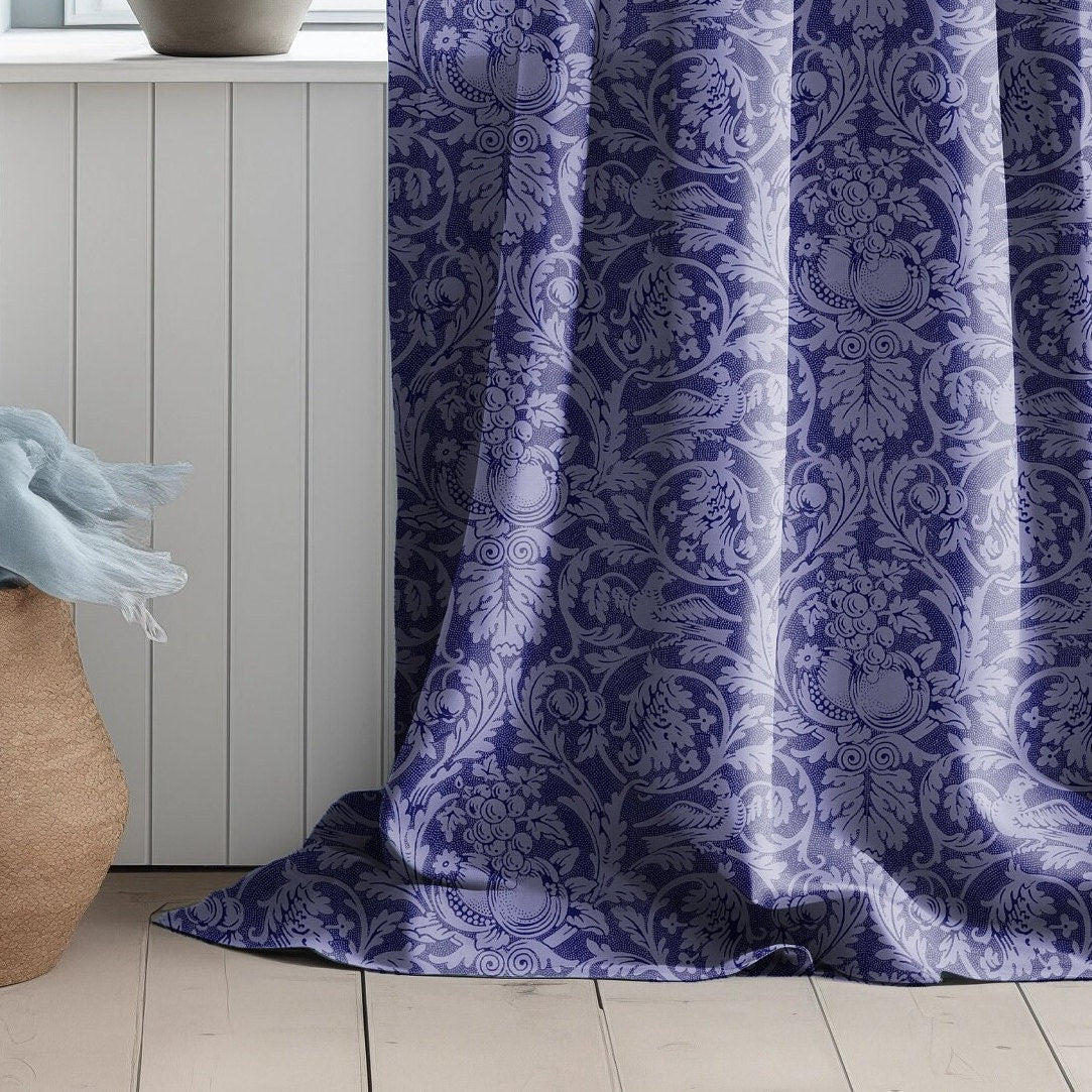 Wiliam Morris pattern Queen Anne curtains in linen in blue