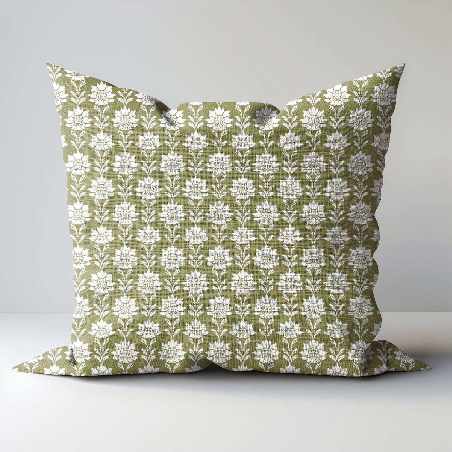 Designer Olive Green Floral on Linen Pillow Cover, Dark Green Boho Pillow, Farmhouse Floral Block printed pillow greenery