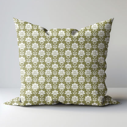 Designer Olive Green Floral on Linen Pillow Cover, Dark Green Boho Pillow, Farmhouse Floral Block printed pillow greenery