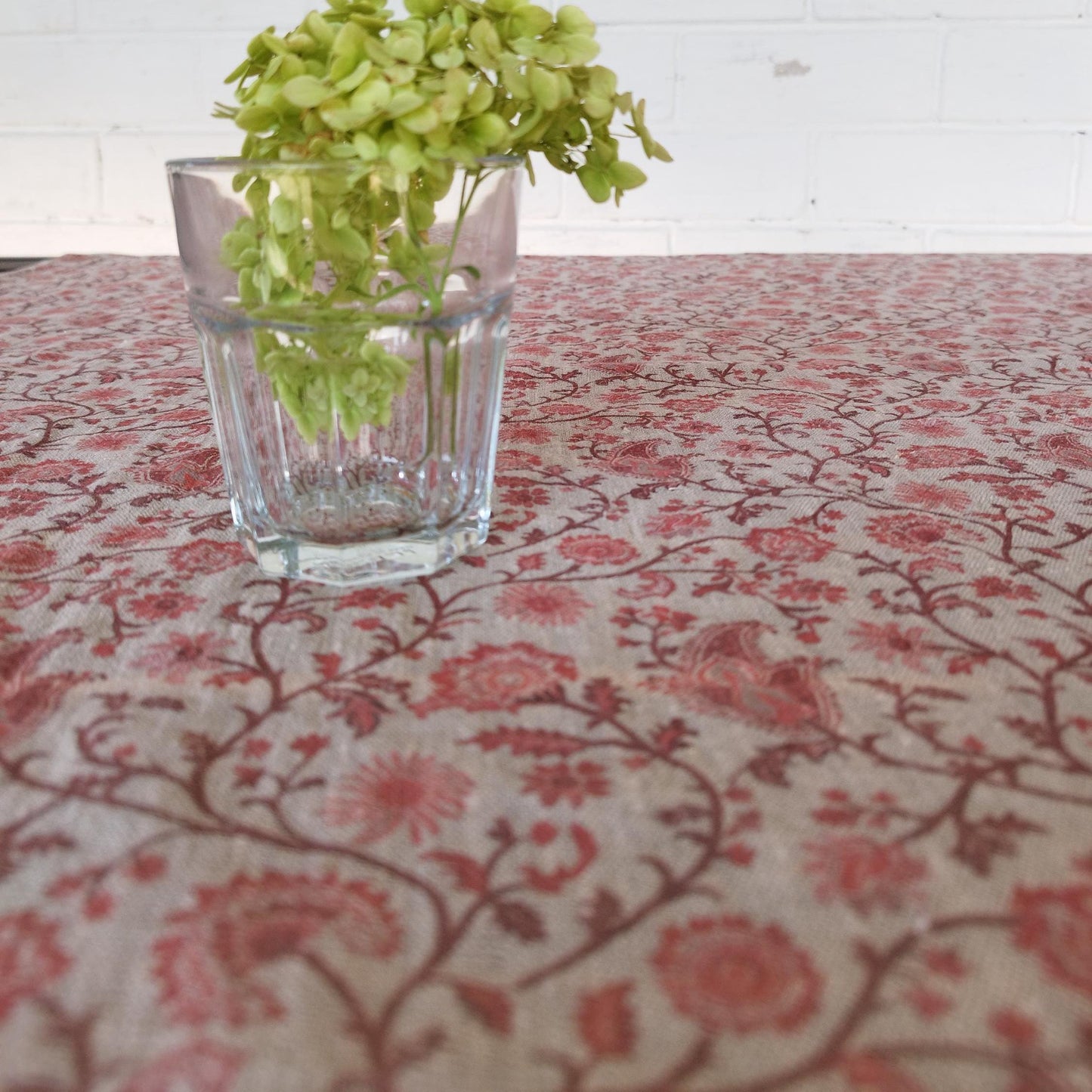 Linen floral tablecloth with red flowers, French Retro Vintage Vibe table cloth Bohemian Wildflower Pattern
