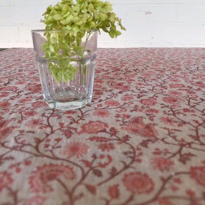 Linen floral tablecloth with red flowers, French Retro Vintage Vibe table cloth Bohemian Wildflower Pattern
