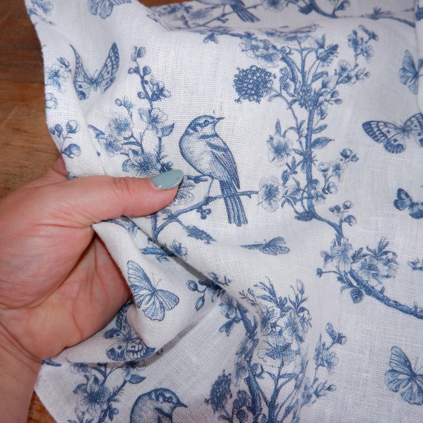 French Tea Towel in linen with toile de jouy print Birds and Butterflies, floral Hand Tea Dish Towel Kitchen Décor Tea Towel