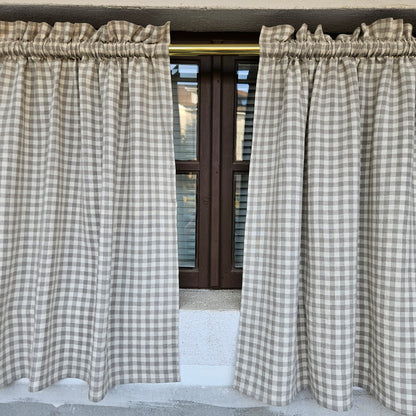 Natural linen Cafe Curtains in classic gingham, custom size Farmhous window panel, Living room Cafe Kitchen window curtain custom size