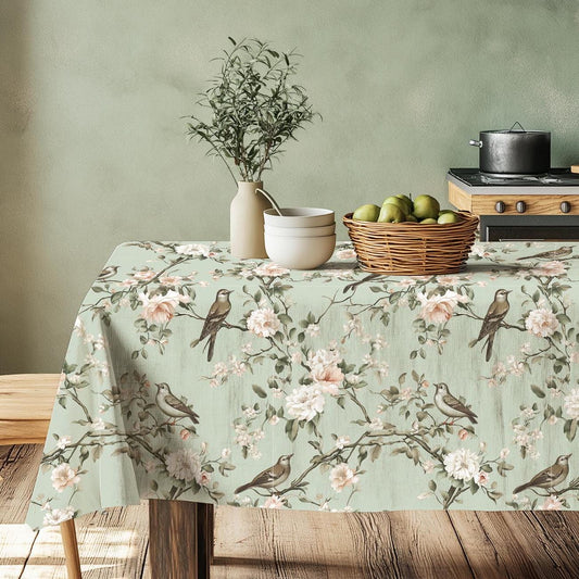 Linen tablecloth sage green floral with birds - French toile de jouy blossom table cloth -  herritage linen decor for dinning