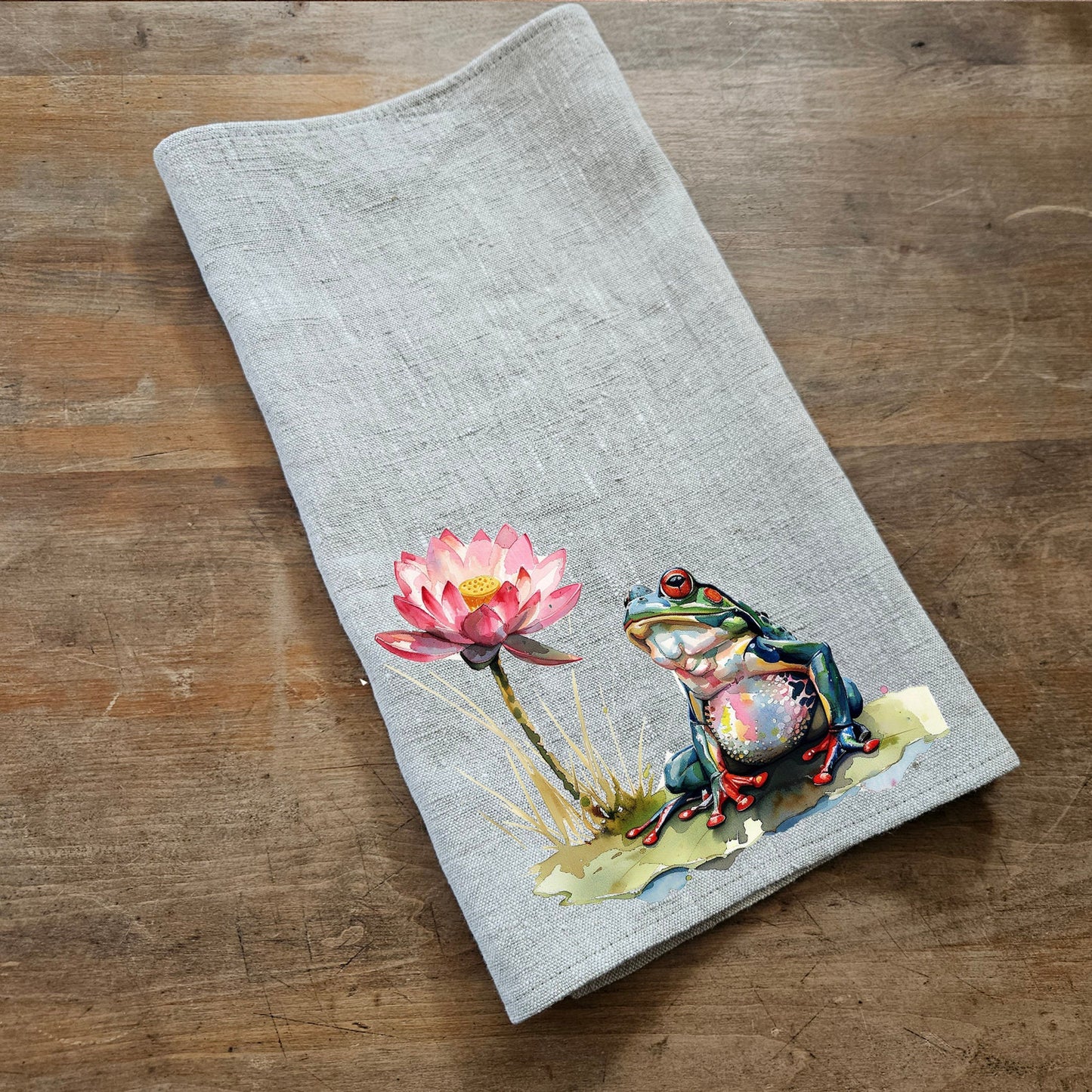 Lotus floral Tea Towel in linen, Botanical Hand Towels Tea in linen, pink flowers linen  Dish Towel  Kitchen Décor Tea Towel in linen