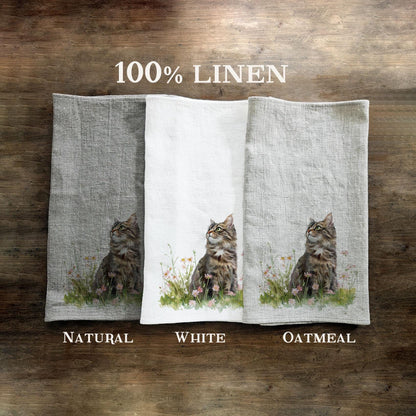 Cat in meadow Towel in linen - blue white block print Hand Tea towels - Farmhouse Floral Dish Décor Kitchen Towel with brids on trees