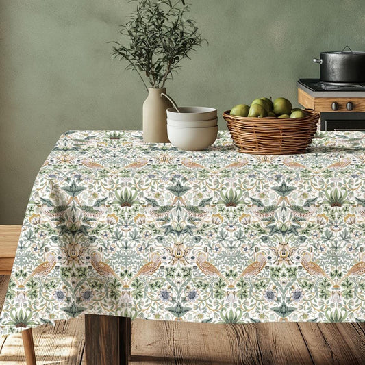 Linen tablecloth floral with birds - William Morris strawberry thief white table cloth - English heritage Victorian arts and crafts