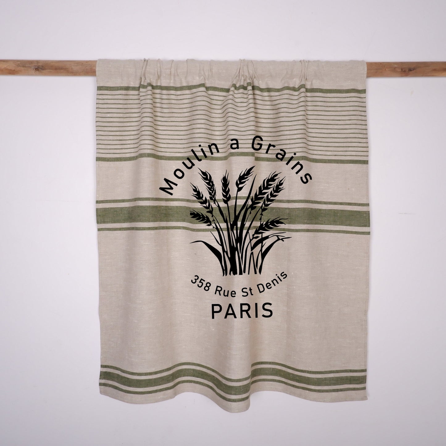 Natural grain sack Cafe Curtains with Moulin a grains stamp, Farmhous window panel in french country Proven style, Kitchen window curtain