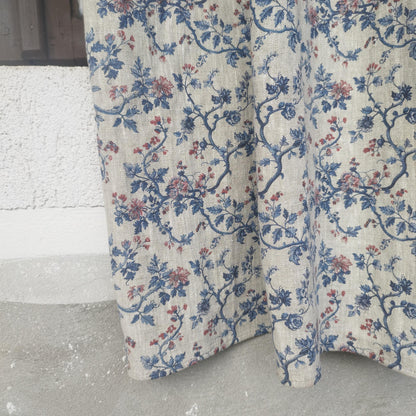 Curtains 100% Linen with botanical red blue toile de jouy print PREWASHED. kitchen Living room farmhouse linen window panel