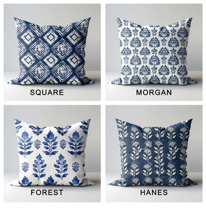 Modern indigo linen Floral Pillow Cover, white blue Boho Pillow block print on linen, Coutrynome block printed pillow case in European flax