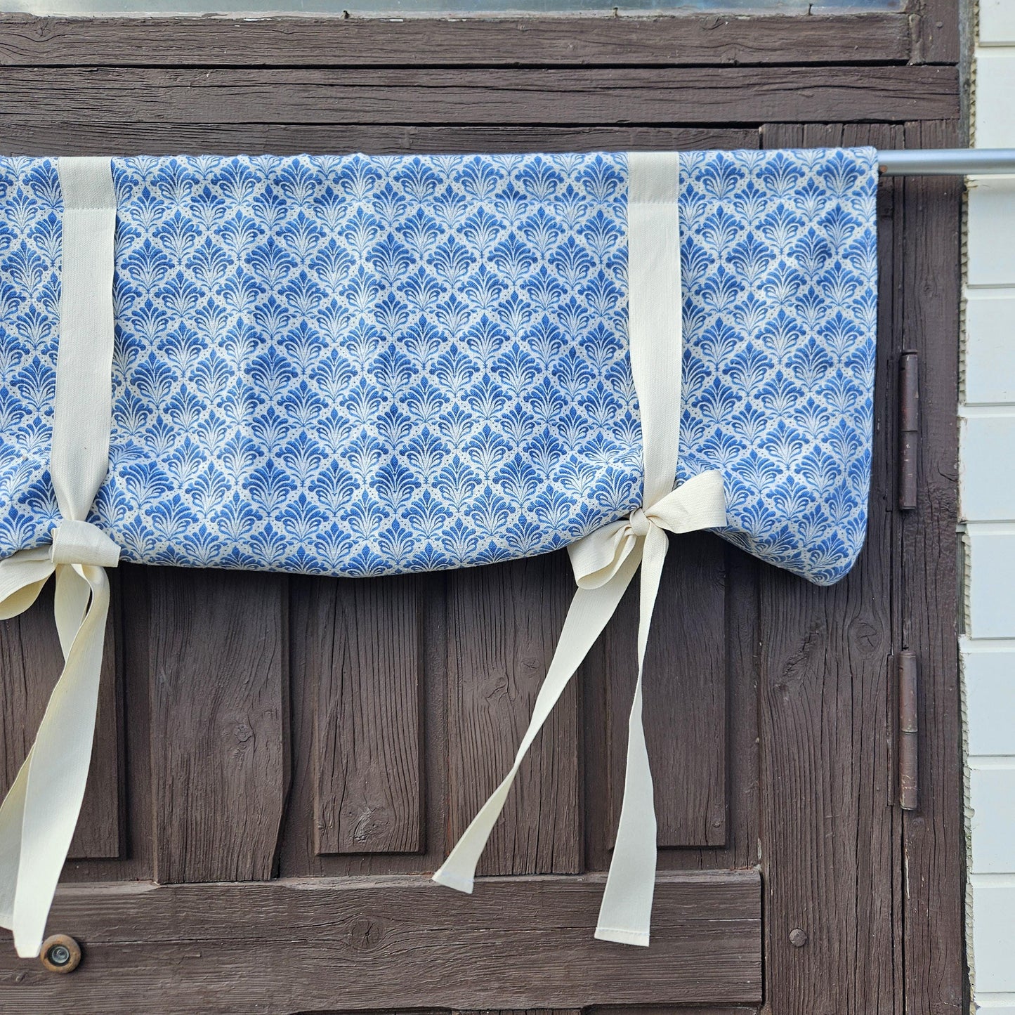 Linen curtains valance with tie up Blue white block print -  Nautical farmhouse kitchen door curtains  in custom size with print