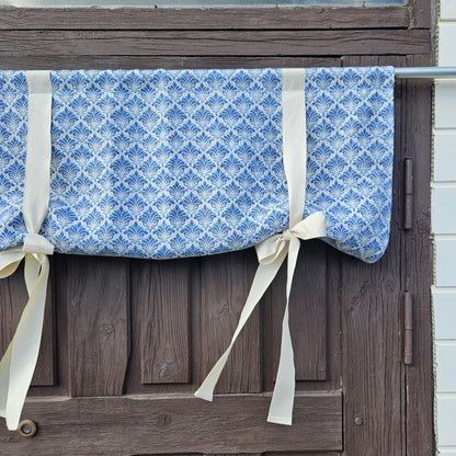 Linen curtains valance with tie up Blue white block print -  Nautical farmhouse kitchen door curtains  in custom size with print