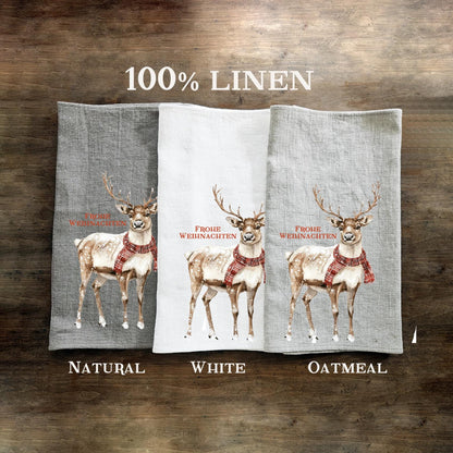 Christmas Tea Towel in linen, Reindeer Hand Towels Tea in linen Dish Holiday Kitchen Décor Feliz Navidad Frohe Weinachten Merry Christmas