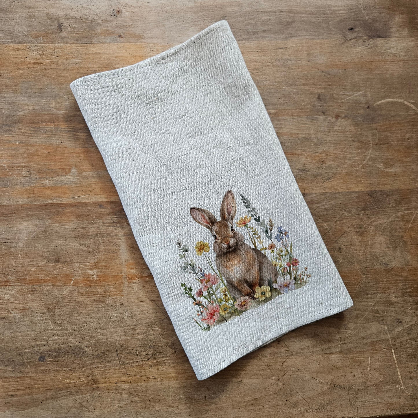 Blommig kökshandduk i linne med kaninmotiv - Blå kaninhanddukar - Diskhandduk med lantlig blommotiv - Köksdekoration österländsk kökshandduk