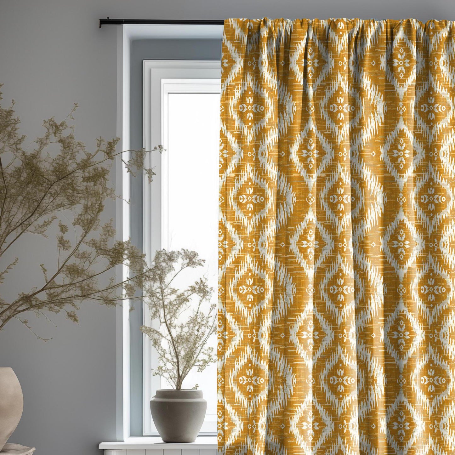 Curtains 100% Linen with ikat print mustard yellow pattern  PREWASHED - kitchen Living room farmhouse linen window panel