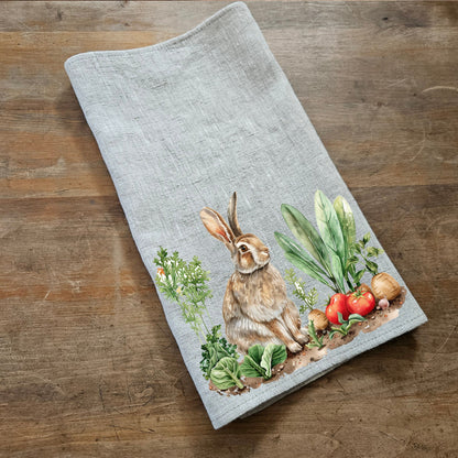 Bunny Floral Tea Towel in linen - Blue rabbit Hand Towels Tea - Farmhouse Floral Dish Towel - Kitchen Décor Eastern Kitchen Tea Towel