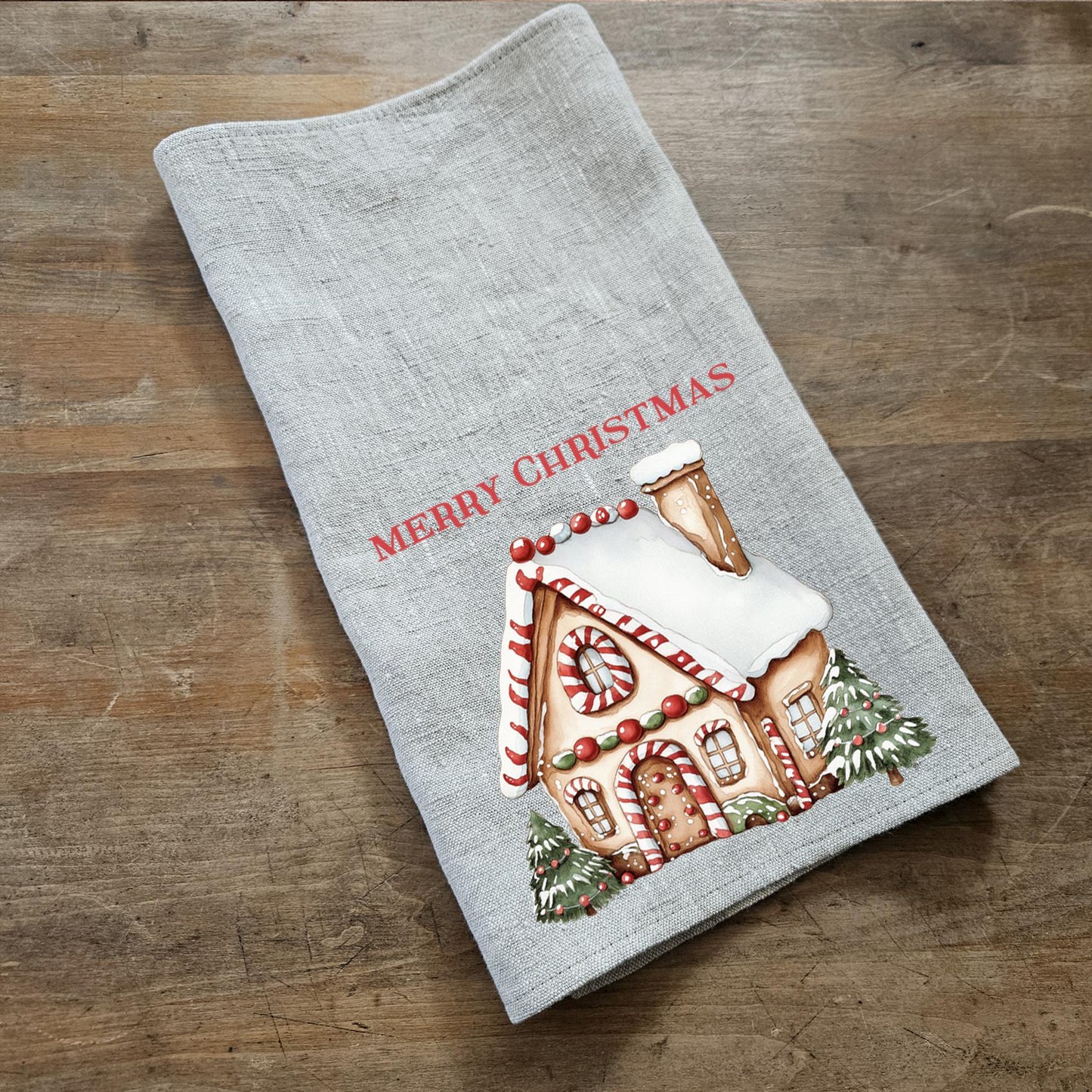 Christmas Tea Towel in linen, Ginger House Hand Towels Tea, linen Dish Towel Holiday season Kitchen Décor Tea Towel