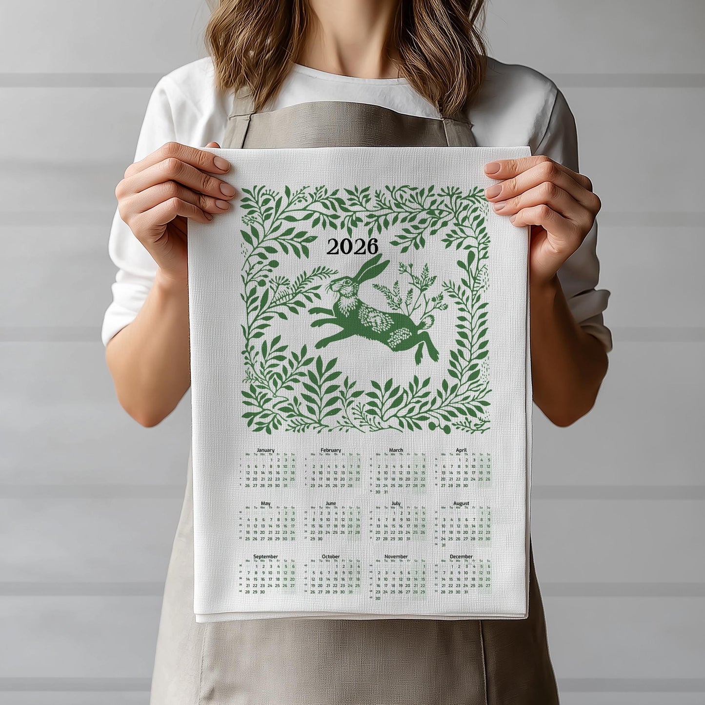 2026 Calendar Tea Towel - Rabbit in meadow - Home Sweet Home Linen Canvas Tea Towel - 100% linen kitchen towels