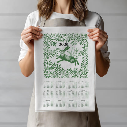2026 Calendar Tea Towel - Rabbit in meadow - Home Sweet Home Linen Canvas Tea Towel - 100% linen kitchen towels
