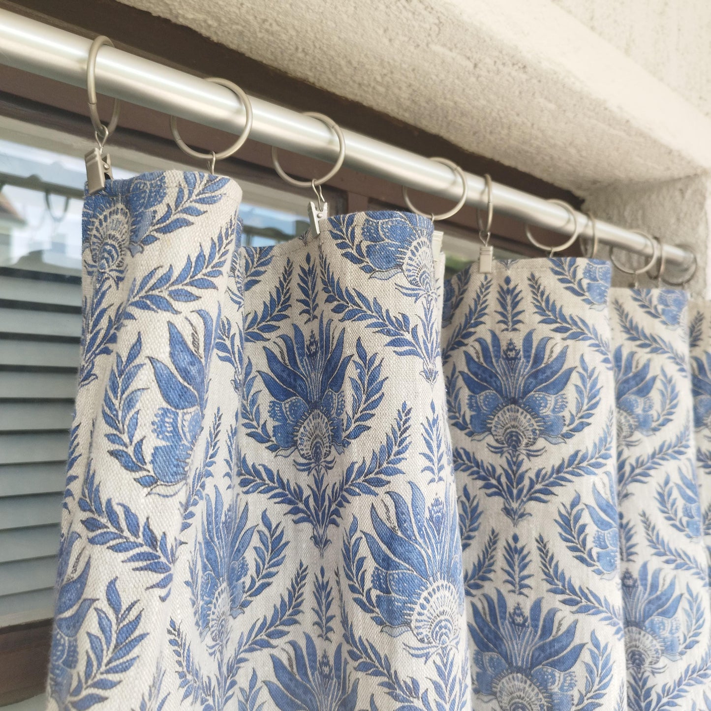 Curtains 100% Linen with French block print blue pattern PREWASHED. kitchen Living room farmhouse window panel in french linen