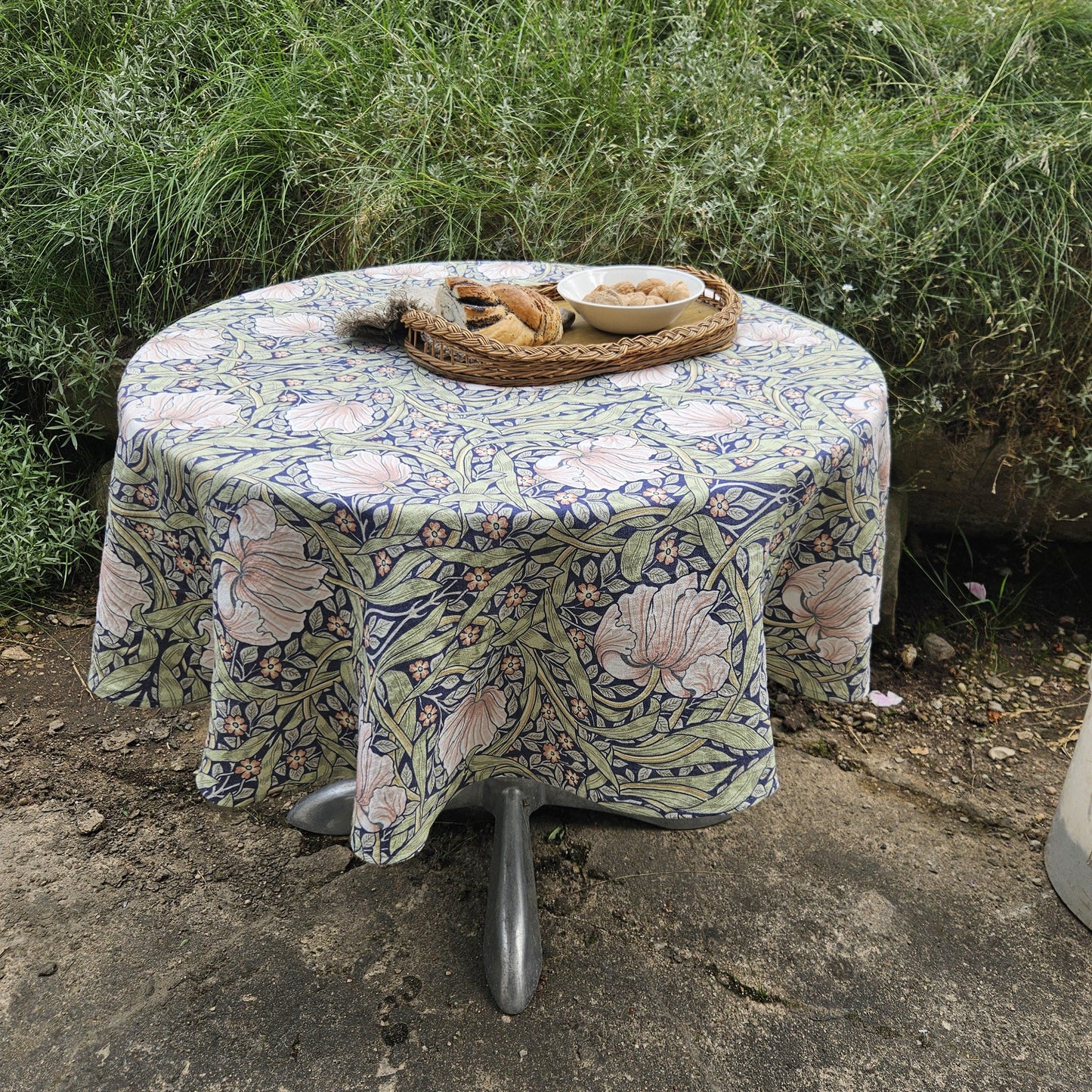 Linen foral tablecloth with birds, william Morris pimpernel tablecloth, arts and crafts movement tablecloth Victorian style
