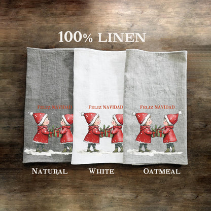 Christmas elf Tea Towel in linen, Hand Towels Tea in linen Dish Holiday Kitchen Feliz Navidad Frohe Weinachten Merry Christmas
