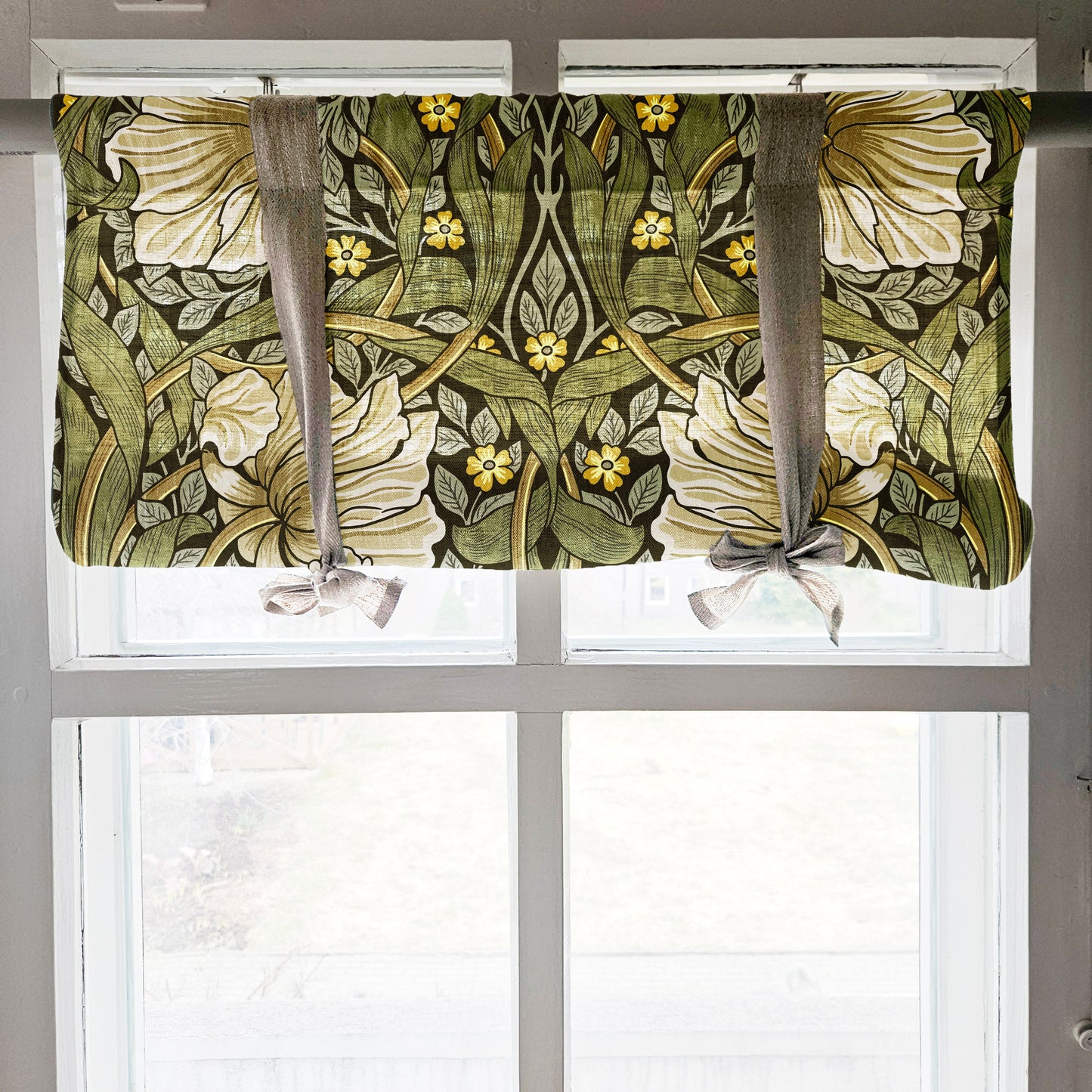 Linen curtains valance with tie up William Morris Pimpernel green, floral farmhouse kitchen curtains, door curtains with ties custom size