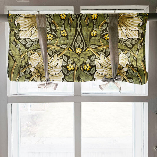 Linen curtains valance with tie up William Morris Pimpernel green, floral farmhouse kitchen curtains, door curtains with ties custom size