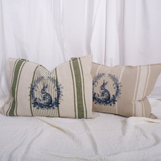 Striped linen pillowcase in french country style with rabbit and floral wreath print, French country linen  Grainsack cushion cover